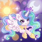 Size: 2400x2400 | Tagged: safe, artist:sparkytopia, princess celestia, alicorn, pony, g4, chibi, clothes, cute, female, flying, jewelry, magic, mare, moon, pink eyes, raising the moon, raising the sun, regalia, shoes, signature, solo, space, spread wings, stars, sun, telekinesis, wings