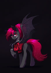 Size: 1500x2133 | Tagged: safe, artist:koviry, oc, oc only, oc:julia_sunlight, bat pony, pony, adult blank flank, bat ponified, blank flank, clothes, colored ears, commission, ethereal mane, eye markings, eyelashes, facial markings, fangs, female, female oc, frog (hoof), gradient background, gray coat, jacket, leg fluff, long tail, looking at you, looking back, looking back at you, mare, mare oc, ponysona, ponytail, race swap, raised hoof, red eyes, red mane, red tail, shiny mane, shiny tail, slender, slit pupils, smiling, smiling at you, solo, spread wings, standing, standing on three hooves, starry ears, starry mane, starry wings, tail, tattoo, thin, three quarter view, transparent wings, turned head, underhoof, wings