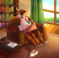 Size: 1280x1252 | Tagged: safe, artist:malinraf1615, oc, oc only, oc:ash, dragon, bandage, bookshelf, couch, ice pack, indoors, male, mug, pillow, solo, window