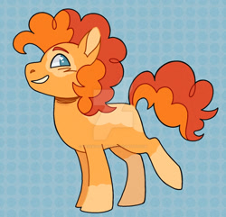 Size: 1280x1235 | Tagged: safe, artist:werewargs-woah, oc, oc only, oc:birthday blast, earth pony, pony, coat markings, colt, deviantart watermark, earth pony oc, foal, male, obtrusive watermark, offspring, parent:cheese sandwich, parent:pinkie pie, parents:cheesepie, patterned background, raised leg, smiling, socks (coat markings), solo, watermark