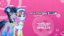 Size: 1265x720 | Tagged: safe, editor:theofficialyappwikiafandomgaming, odessa evensong, zinnea, cyborg, cyborg pony, earth pony, pony, g5, my little pony: tell your tale, the petal gala, abstract background, clothes, concave belly, date (time), duo, duo female, english, fake, female, height difference, horseshoes, izzy moonbow's cutie mark, jewelry, leg warmers, mare, my little pony logo, necklace, nintendo, nintendo direct, parody, slender, tall, thin