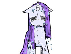 Size: 640x480 | Tagged: safe, artist:hasunoko, rarity, pony, unicorn, g4, 2013, 3:, adorable distress, closed mouth, cute, female, floppy ears, front view, frown, horn, mare, old art, raribetes, sad, sadorable, simple background, solo, standing, swirly eyes, teary eyes, wet, wet mane, wet mane rarity, white background