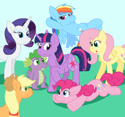 Size: 1700x1588 | Tagged: safe, artist:cmara, applejack, fluttershy, pinkie pie, rainbow dash, rarity, spike, twilight sparkle, alicorn, dragon, earth pony, pegasus, pony, unicorn, g4, cute, female, horn, male, mane seven, mane six, outdoors, twilight sparkle (alicorn), winged spike, wings