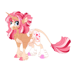 Size: 4600x4100 | Tagged: safe, artist:gigason, oc, oc only, oc:love letter, classical unicorn, pony, unicorn, absurd resolution, adoptable, adult blank flank, appaloosa, blank flank, blaze (coat marking), blue eyes, brown coat, brown tail, chest fluff, cloven hooves, coat markings, colored, colored belly, colored eyebrows, colored hooves, colored pinnae, colored tail, eye clipping through hair, eyelashes, facial markings, feminine stallion, fetlock tuft, flat colors, heart, heart mark, hooves, horn, leg markings, leonine tail, looking at you, male, male oc, mismatched hooves, multicolored hooves, obtrusive watermark, pale belly, pencil, pencil behind ear, pink hooves, pink mane, pink tail, shaggy mane, simple background, smiling, smiling at you, socks (coat markings), solo, splotches, stallion, stallion oc, standing, striped horn, striped mane, striped tail, tail, three quarter view, three toned mane, three toned tail, transparent background, two toned coat, unicorn horn, unshorn fetlocks, watermark