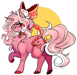 Size: 1042x1020 | Tagged: safe, artist:legendaryshadee, oc, oc only, oc:love potion, pony, unicorn, bow, chest fluff, chibi, choker, colored pinnae, female, hair bow, hair bun, heart, heart eyes, horn, leg fluff, mare, raised hoof, red eyes, red hooves, solo, unicorn oc, wingding eyes