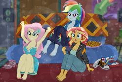 Size: 15000x10000 | Tagged: safe, artist:emeraldblast63, fluttershy, rainbow dash, sunset shimmer, human, equestria girls, g4, game stream, my little pony equestria girls: better together, absurd file size, absurd resolution, adult, age difference, armpits, arms in the air, barefoot, big breasts, black nail polish, blurry background, boho dress, breasts, busty fluttershy, busty rainbow dash, busty sunset shimmer, butterfly hairpin, cleavage, clothes, commission, controller, converse, cookie, couch, cyan eyes, dress, eyeshadow, feet, female, fluttershy boho dress, food, game console, hairpin, indoors, jacket, lens flare, lidded eyes, long hair, long pants, magenta eyes, makeup, multicolored hair, nail polish, open mouth, open smile, pants, pink eyeshadow, pink hair, pink nail polish, rainbow hair, rainbow nail polish, raised arms, sandals, shoes, shoes removed, sitting, skirt, sleeveless, sleeveless dress, smiling, sparkles, speaker, stupid sexy fluttershy, stupid sexy rainbow dash, stupid sexy sunset shimmer, sunset's apartment, surprised, teeth, toenail polish, toenails, trio, trio female, two toned hair, upskirt, wavy hair, winner
