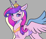 Size: 795x671 | Tagged: safe, artist:kreeeeeez, princess cadance, alicorn, pony, g4, crown, eyelashes, female, frown, gray background, jewelry, lacrimal caruncle, long mane, mare, peytral, raised hoof, regalia, simple background, slender, solo, spread wings, sternocleidomastoid, thin, wings