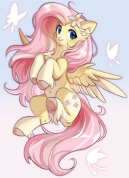 Size: 2476x3413 | Tagged: safe, artist:pledus, fluttershy, butterfly, pegasus, pony, g4, belly, belly button, blush lines, blushing, butterfly shape, chest fluff, coat markings, colored ear fluff, colored eyebrows, cute, facial markings, female, fetlock tuft, flower, flower in hair, flower on ear, flying, full body, gradient background, looking at you, mare, mealy mouth (coat marking), pale belly, shyabetes, sky background, socks (coat markings), solo, spread wings, underhoof, wings