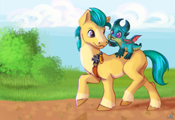 Size: 2524x1724 | Tagged: safe, artist:arky2000, hitch trailblazer, sparky sparkeroni, dragon, earth pony, pony, g5, baby, baby dragon, dragons riding ponies, duo, duo male, male, ocean, outdoors, papa hitch, path, riding, riding a pony, stallion, water