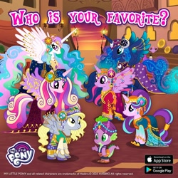 Size: 1080x1080 | Tagged: safe, gameloft, derpy hooves, princess cadance, princess celestia, princess luna, spike, starlight glimmer, twilight sparkle, alicorn, dragon, pegasus, unicorn, g4, horn, shire lanka, tail, wings