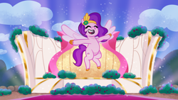 Size: 2400x1350 | Tagged: safe, artist:shad0w-galaxy, pipp petals, pegasus, pony, g5, my little pony: tell your tale, the petal gala, leak, adorapipp, belly, bush, cloud, concept art, cute, eyes closed, female, flower, flying, hooves, mare, night, open mouth, outdoors, pipp is chubby, pipp is short, round belly, scene interpretation, show accurate, sky, smiling, solo, stage, strobe lights, style emulation, unshorn fetlocks, wings