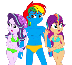 Size: 2404x2187 | Tagged: safe, artist:shieldwingarmorofgod, starlight glimmer, sunny starscout, oc, oc:shield wing, human, equestria girls, g4, g5, age difference, angry, annoyed, beanie, bikini, clothes, duo, duo female, female, hat, male, mane stripe sunny, open mouth, physique difference, simple background, smiling, swimsuit, transparent background, trio