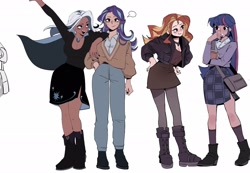 Size: 2048x1416 | Tagged: safe, artist:dogu, artist:stresseddog_, starlight glimmer, sunset shimmer, trixie, twilight sparkle, human, g4, bag, clothes, denim, female, flirting, humanized, jacket, jeans, leather, leather jacket, lesbian, pants, ship:startrix, ship:sunsetsparkle, shipping, simple background, skirt, white background