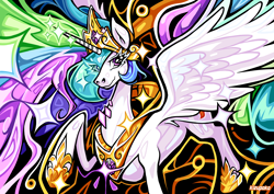 Size: 2480x1754 | Tagged: safe, artist:kizupoko, princess celestia, alicorn, pony, g4, cel shading, colorful, crown, gold, jewelry, princess, raised hoof, regalia, shading, shiny, solo, sparkles, spread wings, wings