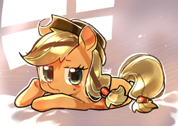 Size: 3508x2480 | Tagged: safe, artist:izuchi, applejack, earth pony, pony, g4, blushing, female, hoof on cheek, looking at you, lying down, mare, prone, solo