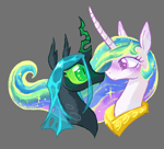 Size: 1100x1000 | Tagged: safe, artist:ch-1060, princess celestia, queen chrysalis, alicorn, changeling, changeling queen, g4, blushing, bust, duo, duo female, ear blush, female, gray background, lesbian, looking at each other, looking at someone, ship:chryslestia, shipping, simple background