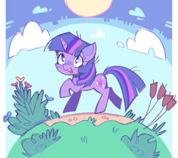 Size: 1278x1133 | Tagged: safe, artist:beanaay, twilight sparkle, pony, unicorn, g4, :d, blue sky, blush scribble, blushing, bush, cloud, day, female, flower, full body, grass, horn, mare, open mouth, open smile, outdoors, smiling, solo, sun, teeth, unicorn twilight, walking