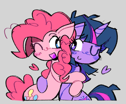 Size: 1007x833 | Tagged: safe, artist:beanaay, pinkie pie, twilight sparkle, earth pony, pony, unicorn, g4, ;d, blush scribble, blushing, closed mouth, duo, duo female, female, gray background, heart, horn, hug, lesbian, looking at each other, looking at someone, mare, one eye closed, open mouth, open smile, ship:twinkie, shipping, simple background, smiling, smiling at each other, stray strand, unicorn twilight, wink