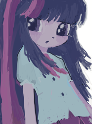 Size: 1520x2048 | Tagged: safe, artist:pyu, twilight sparkle, human, equestria girls, g4, :o, bangs, close-up, clothes, lineless, long hair, looking at you, multicolored hair, open mouth, puffy sleeves, purple skin, shirt, short sleeves, simple background, solo, upper body, white background