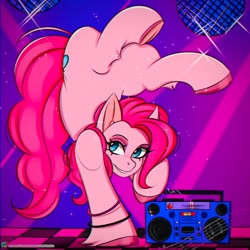 Size: 1000x1000 | Tagged: safe, artist:namelessplaza, pinkie pie, earth pony, pony, g4, backbend, bracelet, dance floor, dancing, disco ball, jewelry, party, smiling, solo, upside down