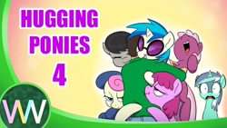 Size: 1280x720 | Tagged: safe, artist:doublewbrothers, bon bon, cheerilee, dj pon-3, lyra heartstrings, octavia melody, sweetie drops, vinyl scratch, earth pony, human, pony, unicorn, series:hugging ponies, g4, :o, female, horn, hug, male, mare, open mouth, smiling