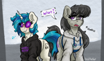 Size: 1918x1134 | Tagged: safe, artist:reddthebat, dj pon-3, octavia melody, vinyl scratch, earth pony, pony, unicorn, g4, blush lines, blushing, body freckles, chest fluff, clothes, dialogue, duo, duo female, eye clipping through hair, eyebrows, eyebrows visible through hair, female, freckles, hoodie, horn, lesbian, mare, oblivious, ship:scratchtavia, shipping, speech bubble