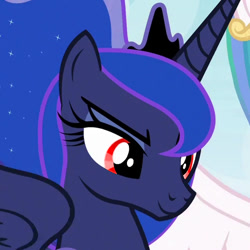 Size: 500x500 | Tagged: safe, edit, edited screencap, editor:jaredking779, screencap, princess celestia, princess luna, alicorn, pony, between dark and dawn, g4, my little pony: friendship is magic, season 9, cropped, crown, eye color change, female, jewelry, looking at you, mare, red eyes, red eyes take warning, regalia, smiling, solo focus, wrong eye color