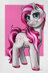 Size: 2168x3280 | Tagged: safe, artist:pastelpalette, star swirl (g3), pony, g3, :3, abstract background, big eyes, blue eyes, blushing, cute, ear fluff, fanart, looking at you, passepartout, pink hooves, pink mane, smiling, smiling at you, solo, two toned hair