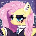 Size: 2048x2048 | Tagged: safe, artist:deerdreamers, edit, fluttershy, pegasus, pony, g4, black hooves, blue eyes, cloven hooves, coat markings, ear fluff, ear piercing, eyeshadow, facial markings, fluttergoth, freckles, frown, goth, heart, heart eyes, lidded eyes, lip piercing, makeup, mascara, piercing, pink hair, raised hoof, snake bites, solo, star (coat marking), unshorn fetlocks, wingding eyes, yellow coat