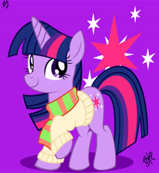 Size: 10800x11720 | Tagged: safe, artist:applejackfl, twilight sparkle, pony, unicorn, g4, clothes, female, mare, raised hoof, scarf, signature, smiling, solo, striped scarf, sweater, unicorn twilight