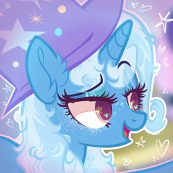 Size: 2048x2048 | Tagged: safe, artist:deerdreamers, trixie, unicorn, g4, blue coat, blurry background, clothes, ear fluff, eyelashes, glitter, hat, heart, heart eyes, horn, open mouth, purple eyes, redraw, smug, solo, talking, trixie's hat, wingding eyes