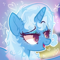 Size: 2048x2048 | Tagged: safe, artist:deerdreamers, trixie, unicorn, g4, blue coat, blurry background, ear fluff, eyelashes, glitter, heart, heart eyes, horn, open mouth, purple eyes, redraw, smug, solo, talking, wingding eyes