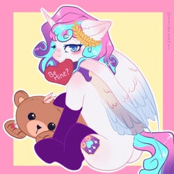 Size: 2048x2048 | Tagged: safe, artist:deerdreamers, princess flurry heart, alicorn, pony, g4, blue eyes, blushing, butt, clothes, commission, gradient mane, heart, holiday, human shoulders, looking at you, looking back, looking back at you, mouth hold, older, older flurry heart, passepartout, plot, plushie, sitting, socks, solo, teddy bear, valentine's day, valentine's day 2025, ych result