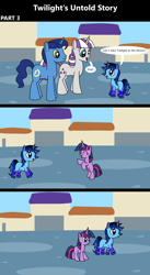 Size: 1920x3516 | Tagged: safe, artist:platinumdrop, night light, twilight sparkle, twilight velvet, oc, oc:blue thunder, comic:twilight's untold story, g4, 3 panel comic, colt, comic, commission, excited, female, filly, foal, happy, male, osananajimi, rearing, smiling, speech bubble