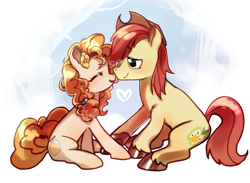 Size: 6623x4848 | Tagged: safe, artist:izuchi, bright mac, pear butter, earth pony, pony, g4, duo, duo male and female, eyes closed, female, flower, flower in hair, heart, male, mare, sitting, smiling