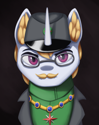 Size: 728x922 | Tagged: safe, artist:mrscroup, oc, oc only, oc:heavenly snow, pony, unicorn, equestria at war mod, bust, cap, clothes, ear fluff, facial hair, glasses, hat, horn, jewelry, male, moustache, necklace, pony oc, portrait, solo, stallion, stallion oc, unicorn oc