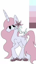 Size: 1440x2560 | Tagged: safe, artist:alarming-ad-9415, oc, oc only, pony, unicorn, colored, concave belly, flat colors, flower, flower in hair, flower in tail, horn, not celestia, raised hoof, side view, simple background, solo, tail, unicorn oc, unshorn fetlocks, white background