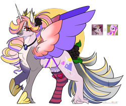 Size: 1430x1200 | Tagged: safe, artist:legendaryshadee, princess cadance, oc, alicorn, demon, demon pony, pony, g4, adoptable, alicorn oc, amulet, base used, blush lines, blushing, cheek fluff, clothes, colored eyebrows, colored horn, colored legs, colored muzzle, colored pinnae, colored pupils, colored wings, colored wingtips, crossover, crossover ship offspring, dark muzzle, ear markings, eye clipping through hair, eyelashes, facial markings, female, female oc, flower, flower in hair, flower in tail, gradient ears, gradient horn, gradient muzzle, gradient wings, gradient wingtips, gray coat, gray tail, hair over one eye, hellaverse, helluva boss, hoof shoes, horn, interspecies offspring, jewelry, lacrimal caruncle, lavender coat, leaves in tail, long horn, long mane, long tail, looking at you, magical lesbian spawn, mare, mare oc, mismatched mane and tail, mismatched socks, multicolored mane, multicolored tail, necklace, oc focus, offspring, parent:princess cadance, parent:stella (helluva boss), pink mane, pink wings, ponytail, princess shoes, purple coat, purple wings, red eyes, red pupils, signature, simple background, smiling, smiling at you, socks, spread wings, standing, standing on three hooves, stella (helluva boss), sternocleidomastoid, striped mane, striped socks, striped tail, tail, tall ears, three quarter view, tied mane, transparent background, unicorn horn, unshorn fetlocks, waist chain, wing fluff, wings