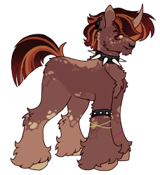 Size: 1106x1212 | Tagged: safe, artist:kazmuun, oc, oc only, unnamed oc, pony, unicorn, g4, adult blank flank, big hooves, blank flank, blaze (coat marking), brown, brown coat, brown hooves, butt fluff, cheek fluff, chest fluff, choker, coat markings, colored belly, colored eartips, colored eyebrows, colored hooves, colored legs, colored lineart, colored pinnae, colored sclera, curved horn, dorsal stripe, ear fluff, ear piercing, earring, emo, eye clipping through hair, eyebrows, eyebrows visible through hair, facial markings, gauges, gradient mane, gradient tail, green sclera, head fluff, helix piercing, hock fluff, hooves, horn, horn markings, jewelry, leg markings, lidded eyes, lip piercing, looking back, magical gay spawn, male, male oc, mismatched hooves, multicolored hooves, nose piercing, nose ring, offspring, pale belly, parent:big macintosh, parent:king sombra, parents:sombramac, piercing, profile, red mane, red tail, septum piercing, shoulder fluff, signature, simple background, slit pupils, smiling, socks (coat markings), solo, spiked choker, spiked wristband, stallion, stallion oc, standing, straight tail, striped mane, striped tail, tail, transparent background, two toned eyes, two toned horn, unicorn oc, unshorn fetlocks, wristband