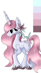 Size: 1440x2560 | Tagged: safe, alternate version, artist:alarming-ad-9415, oc, oc only, pony, unicorn, concave belly, flower, flower in hair, flower in tail, horn, not celestia, raised hoof, shading, side view, simple background, solo, tail, unicorn oc, unshorn fetlocks, white background