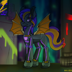 Size: 1140x1140 | Tagged: safe, artist:wh189, oc, oc only, oc:bright wings, pony, robot, robot pony, city, cityscape, cyberpunk, graffiti, heart, lights, neon, night, night sky, roboticization, sky, solo, spray paint, wires