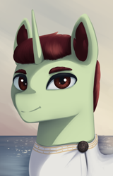 Size: 592x926 | Tagged: safe, artist:mrscroup, oc, oc only, oc:metakeros, pony, unicorn, equestria at war mod, bust, clothes, ear fluff, greek clothes, horn, male, ocean, pony oc, portrait, solo, stallion, stallion oc, unicorn oc, water