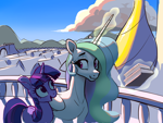 Size: 2224x1668 | Tagged: safe, artist:nadnerbd, princess celestia, twilight sparkle, pony, unicorn, g4, balcony, book, canterlot, cloud, day, duo, duo female, female, height difference, lighting, long mane, magic, outdoors, physique difference, sky, slender, sternocleidomastoid, talking, thin, unicorn twilight, walking