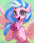 Size: 1488x1888 | Tagged: safe, artist:jewellier, silverstream, classical hippogriff, hippogriff, g4, cute, diastreamies, excited, female, griffon teeth, jewelry, looking at you, necklace, open mouth, open smile, pearl necklace, ponyville, smiling, solo, sparkles, sparkly eyes, wingding eyes, wings