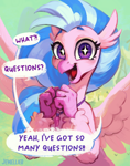 Size: 1488x1888 | Tagged: safe, artist:jewellier, silverstream, classical hippogriff, hippogriff, series:ask silverstream, g4, ask, cover art, dialogue, english, excited, female, griffon teeth, jewelry, looking at you, mlp art ask (ru), necklace, open mouth, open smile, pearl necklace, ponyville, smiling, solo, sparkles, sparkly eyes, speech bubble, talking to viewer, translation, wingding eyes, wings