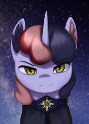 Size: 1332x1860 | Tagged: safe, artist:mrscroup, oc, oc only, oc:shinespark (eaw), pony, unicorn, equestria at war mod, clothes, ear fluff, female, front view, horn, mare, mare oc, night, night sky, pony oc, sky, solo, two toned mane, unicorn oc