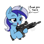 Size: 2000x2000 | Tagged: safe, artist:morningbullet, minuette, pony, unicorn, g4, female, gun, horn, mare, mk 12, pixel-crisp art, ponies with guns, rifle, simple background, sketch, solo, speech bubble, weapon, white background