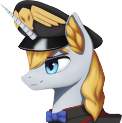 Size: 1548x1561 | Tagged: safe, artist:mrscroup, prince blueblood, pony, unicorn, equestria at war mod, g4, bowtie, bust, cap, clothes, hat, horn, male, portrait, simple background, skull, solo, stallion, transparent background