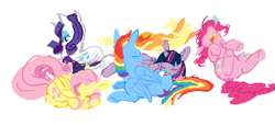 Size: 966x443 | Tagged: safe, artist:marysuesparkledog, applejack, fluttershy, pinkie pie, rainbow dash, rarity, twilight sparkle, alicorn, earth pony, pegasus, pony, unicorn, g4, both cutie marks, curled up, eyes closed, feathered wings, folded wings, full body, group, horn, horses doing horse things, legs in air, lidded eyes, looking away, lying down, mane six, missing accessory, mutual grooming, on back, open mouth, pixel-crisp art, prone, raised hooves, rear view, rolling, side view, simple background, sleeping, snot bubble, teeth, tongue out, twilight sparkle (alicorn), underhoof, white background, wings