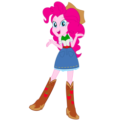 Size: 894x894 | Tagged: safe, artist:editoria, pinkie pie, human, equestria girls, g4, apple, applejack's skirt, belt, boots, clothes, clothes swap, cowboy boots, cowboy hat, cowgirl, denim, denim skirt, female, food, hat, high heel boots, pie, shirt, shoes, simple background, skirt, solo, stetson, transparent background